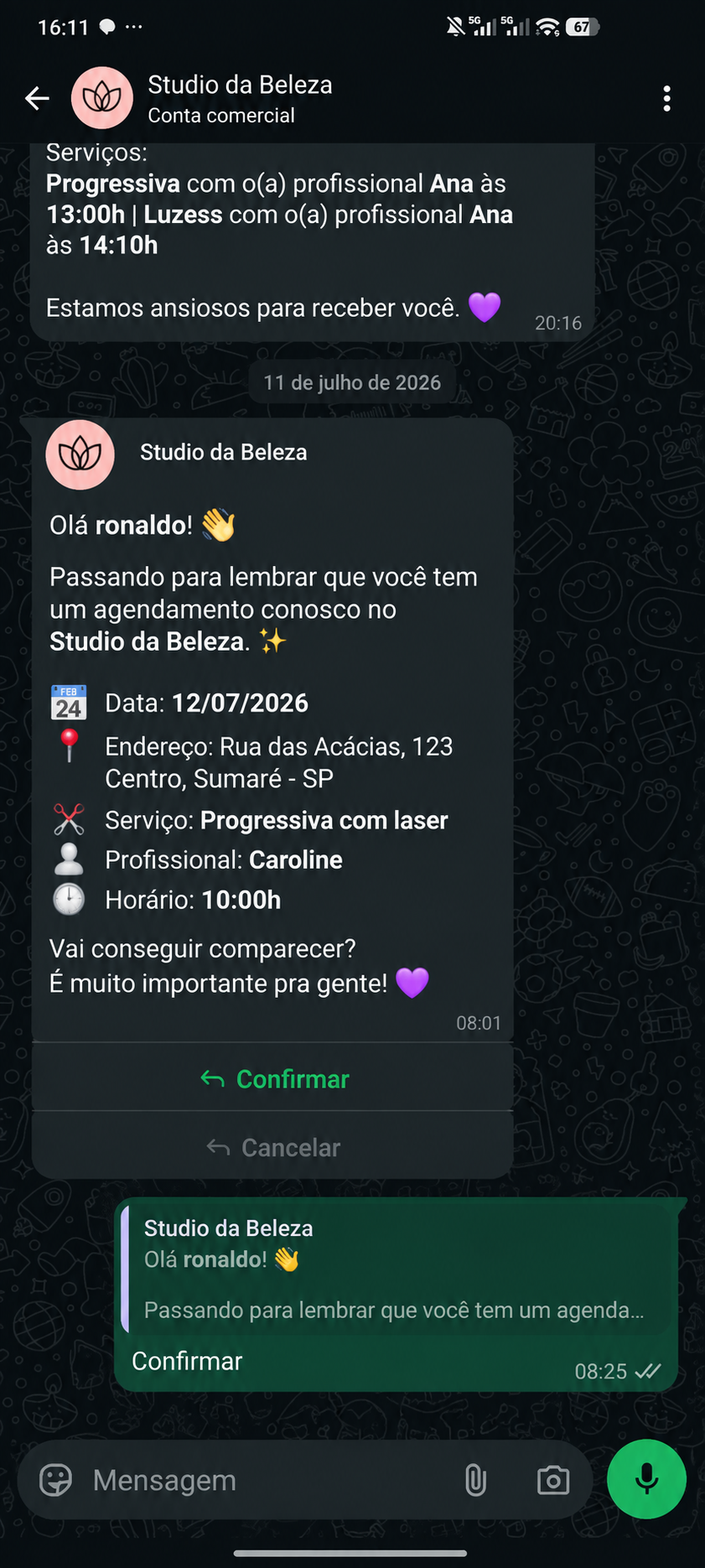 Lembrete automático de agendamento no WhatsApp, com data, serviço, profissional e botões para confirmar ou cancelar.