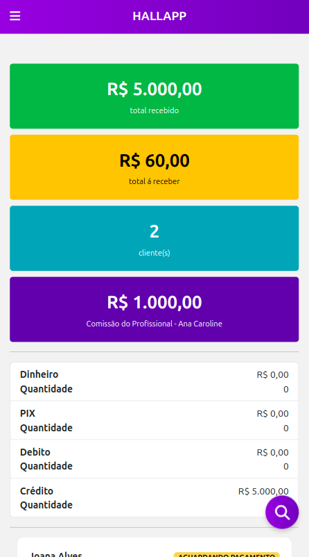 HallApp: tela de agenda e comanda